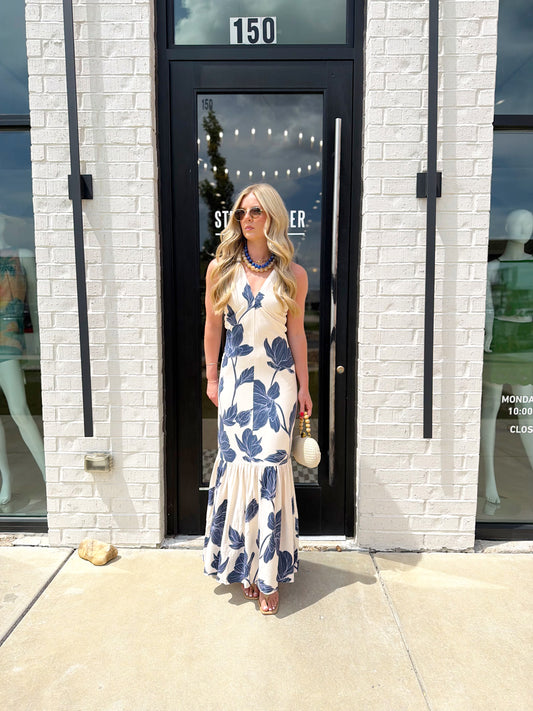 FLORAL BEADED HALTER MAXI