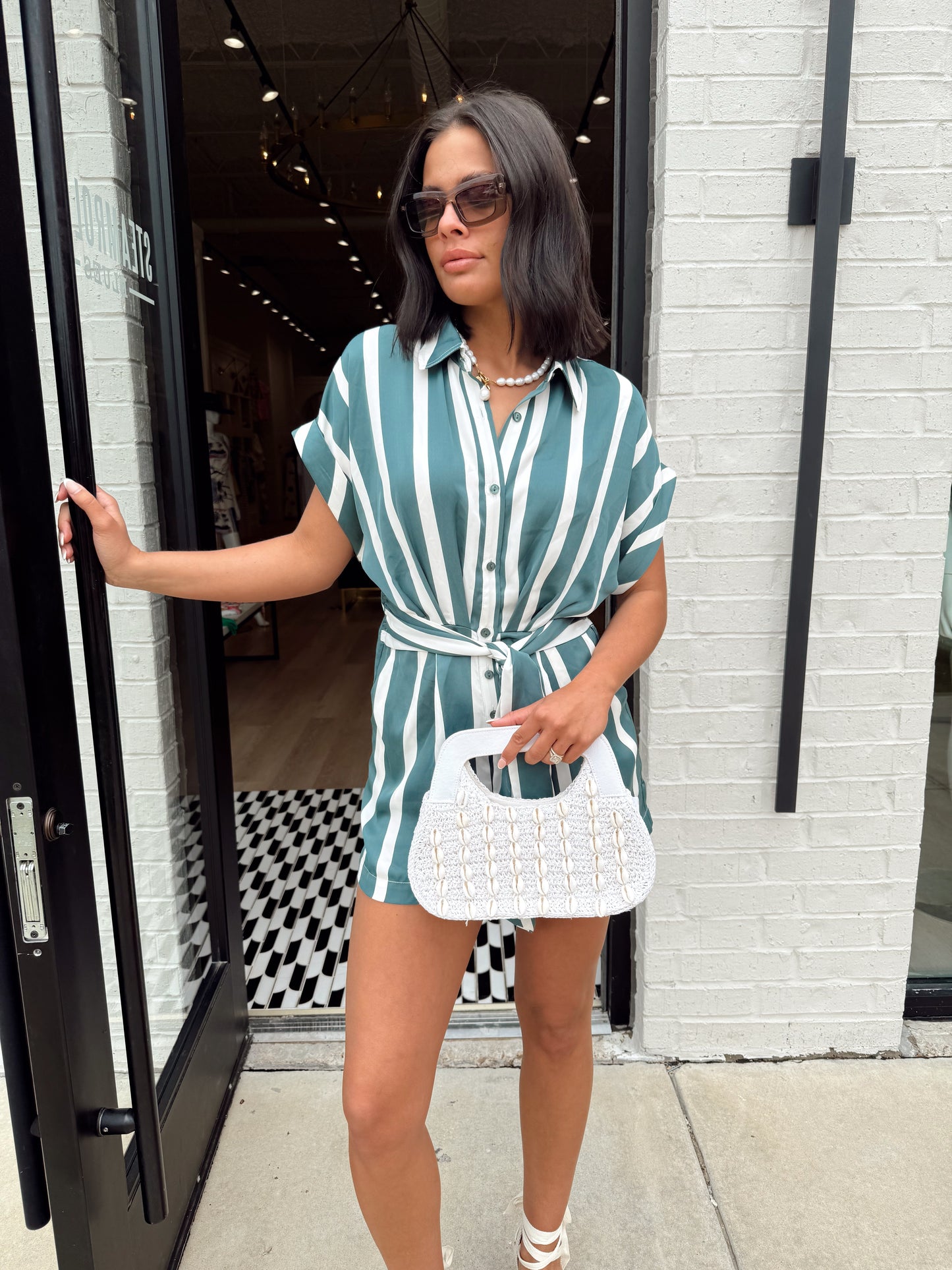 TORI STRIPED TIE WAIST ROMPER