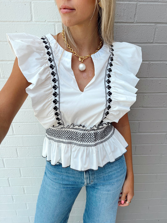 EMBROIDERED EMILY TOP