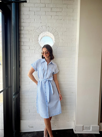 STRIPED SEER SUCKER BELTED DRESS