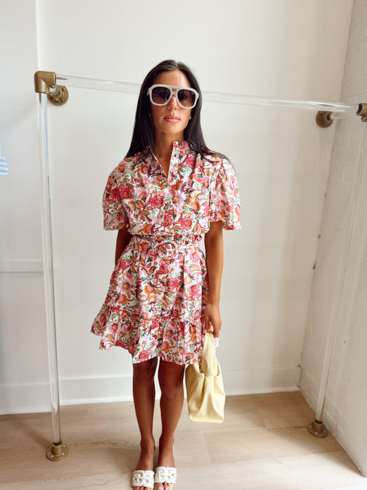 SHORT PUFF SLEEVE RUFFLE DRESS