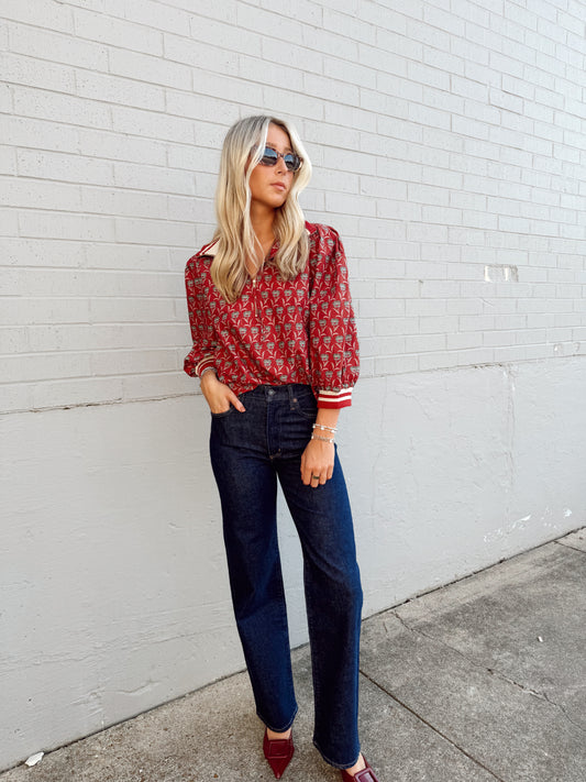 PUFF SLEEVE ZIP UP PRINTED BLOUSE