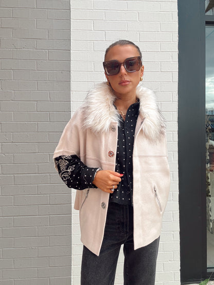 FAUX FUR TRIM CARDIGAN