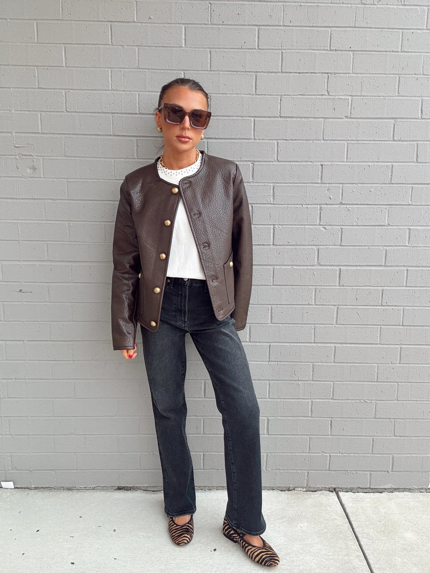 VEGAN LEATHER JACKET WITH GOLD BUTTONS