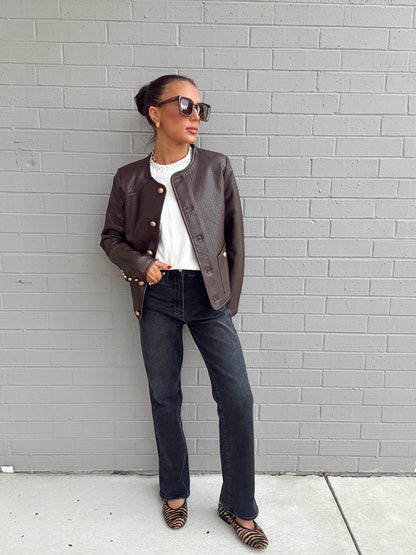 VEGAN LEATHER JACKET WITH GOLD BUTTONS