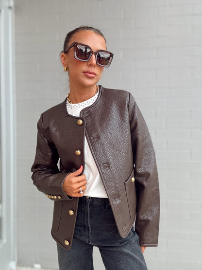 VEGAN LEATHER JACKET WITH GOLD BUTTONS