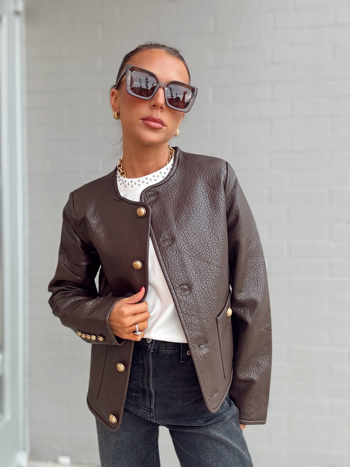 VEGAN LEATHER JACKET WITH GOLD BUTTONS