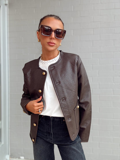 VEGAN LEATHER JACKET WITH GOLD BUTTONS