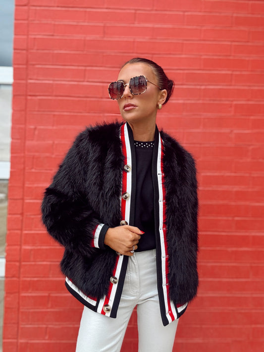 FAUX FUR RACER STRIP JACKET