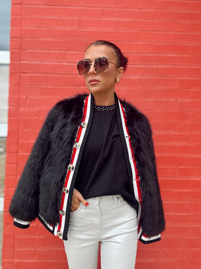 FAUX FUR RACER STRIP JACKET