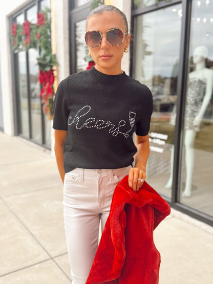 ROUNDNECK RHINESTONE CHEERS SWEATER