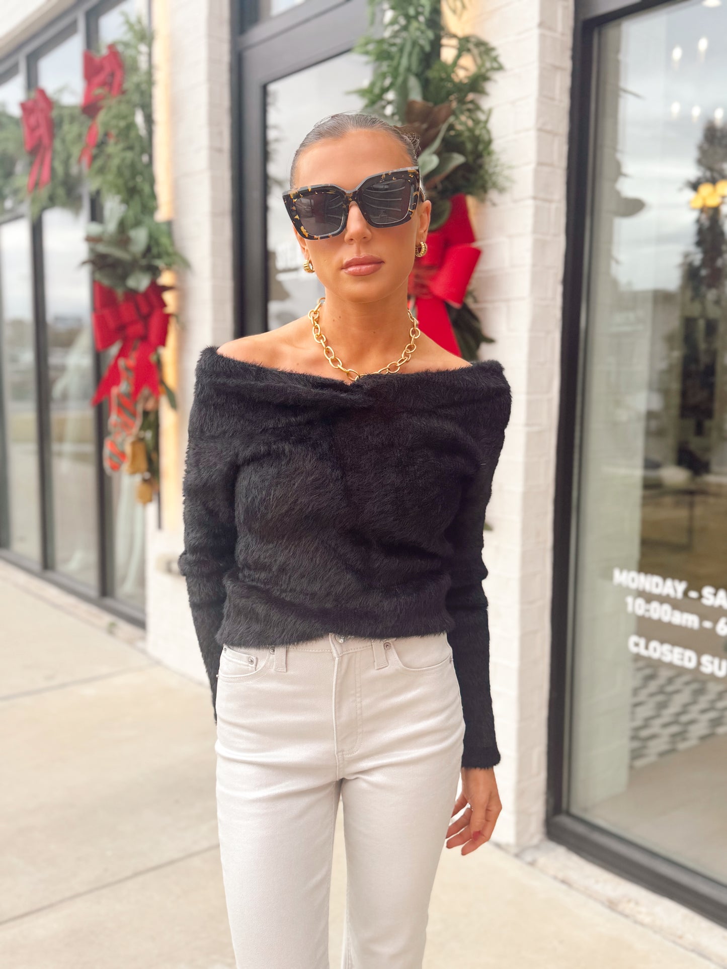 OFF SHOULDER LONG SLEEVE FUZZY SWEATER