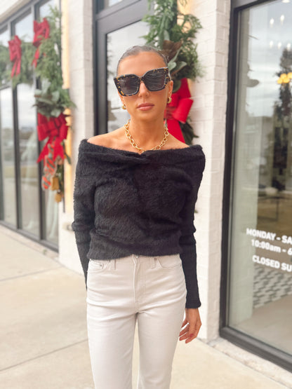 OFF SHOULDER LONG SLEEVE FUZZY SWEATER