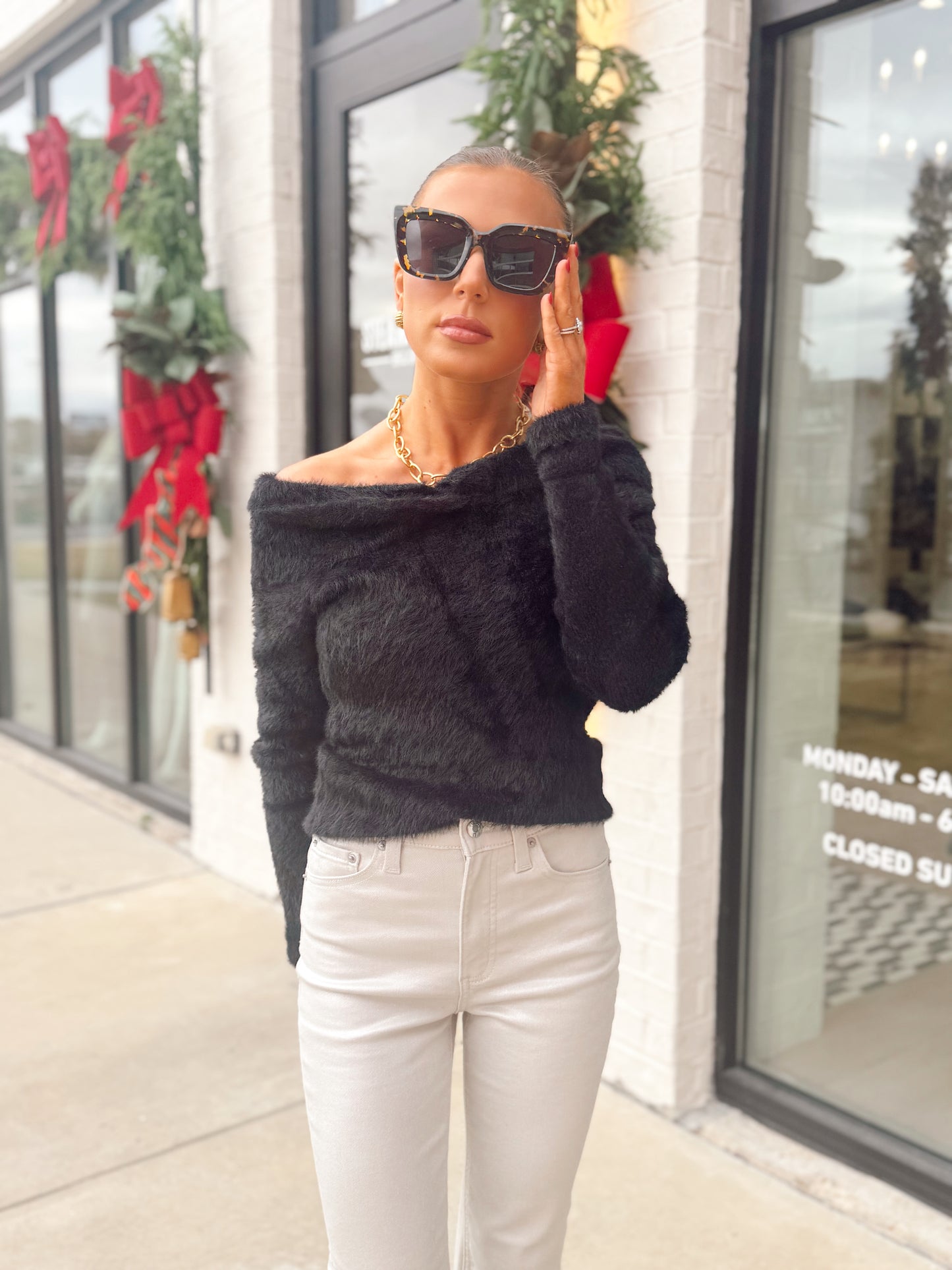 OFF SHOULDER LONG SLEEVE FUZZY SWEATER