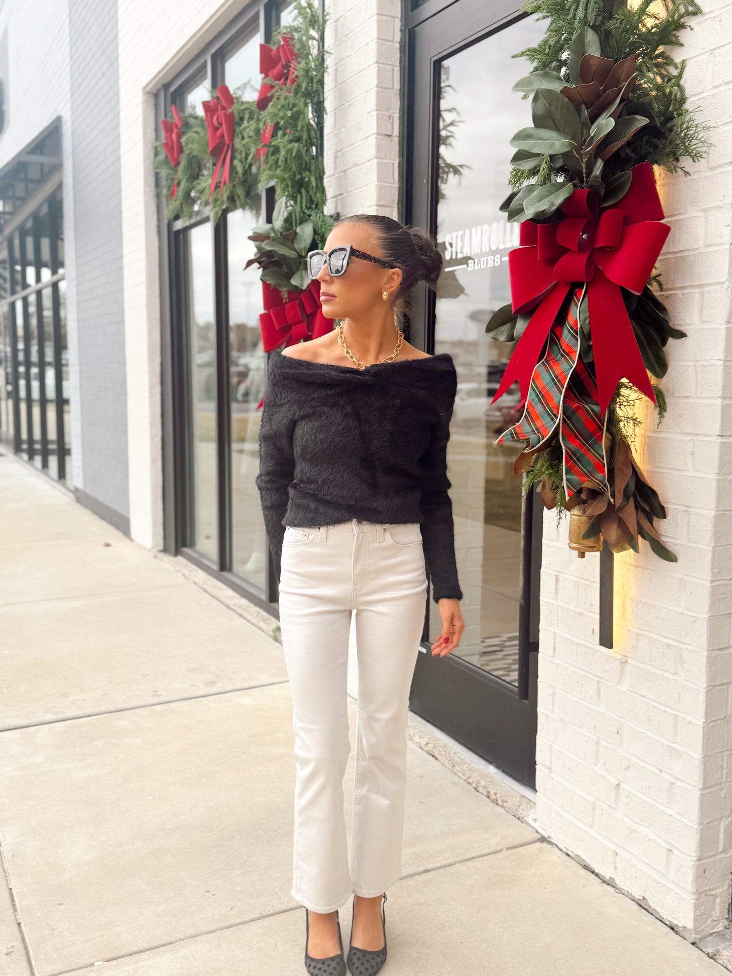 OFF SHOULDER LONG SLEEVE FUZZY SWEATER