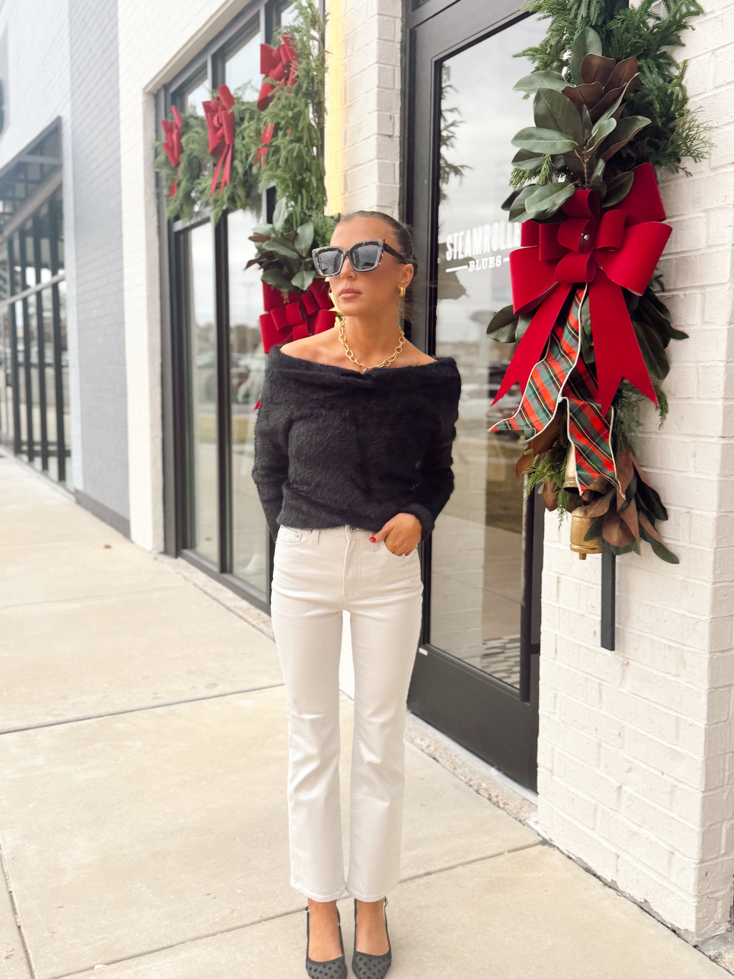 OFF SHOULDER LONG SLEEVE FUZZY SWEATER