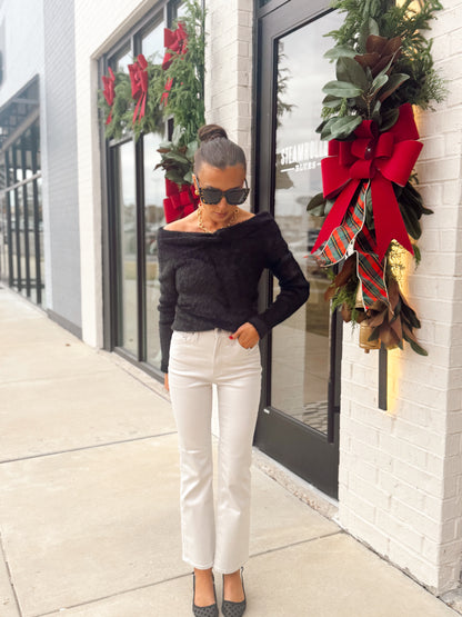 OFF SHOULDER LONG SLEEVE FUZZY SWEATER
