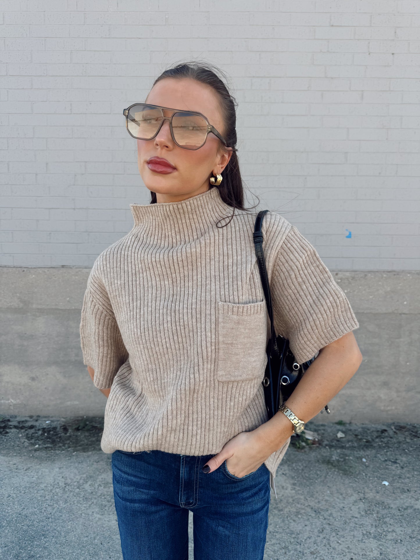 MOCK NECK HALF SLEEVE SWEATER