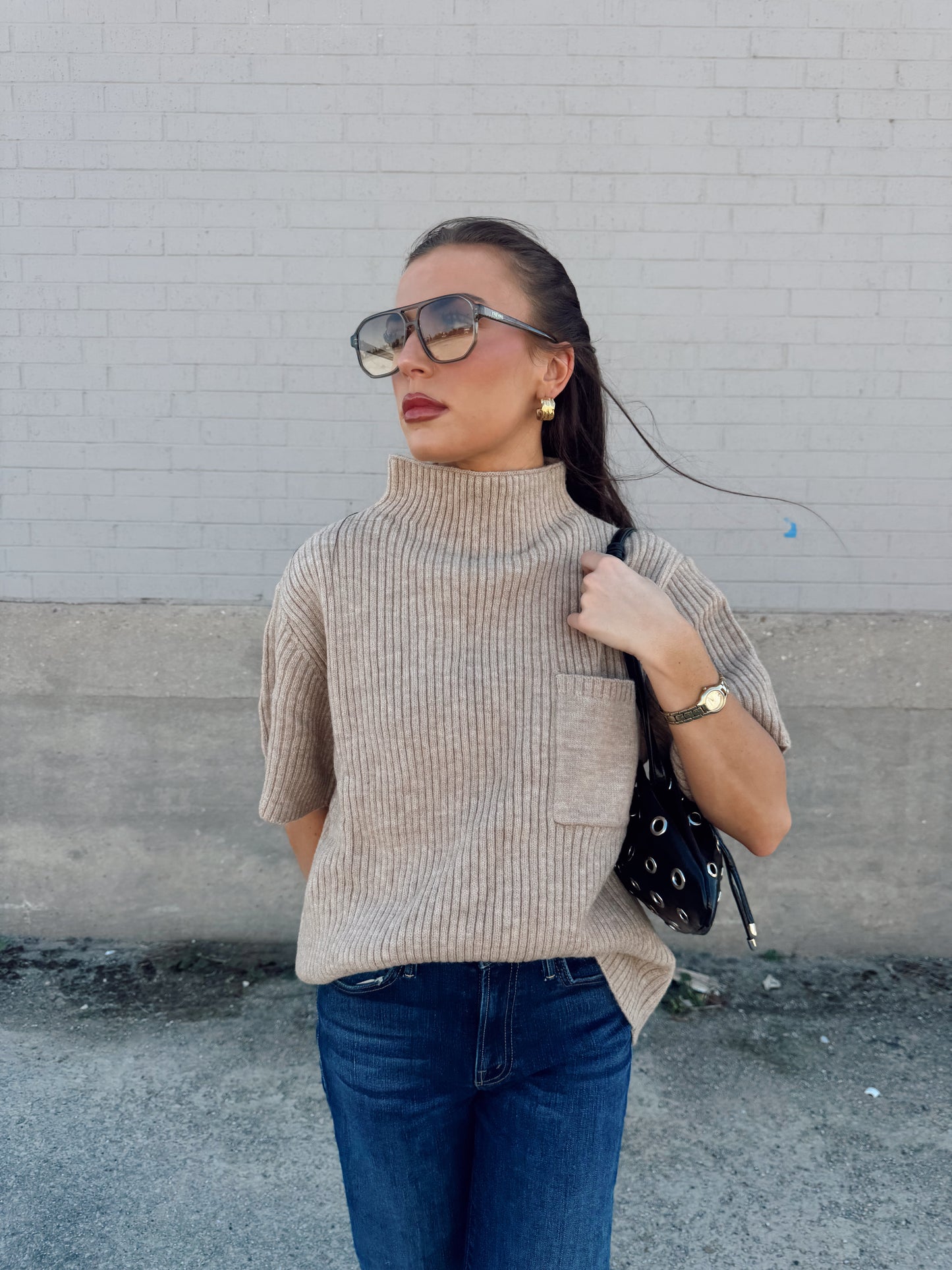 MOCK NECK HALF SLEEVE SWEATER