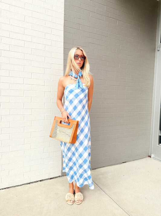 ERIN STRAPLESS LINEN GINGHAM MAXI DRESS
