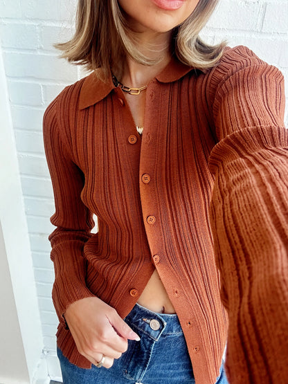 RIB BUTTON DOWN SWEATER W/ COLLAR