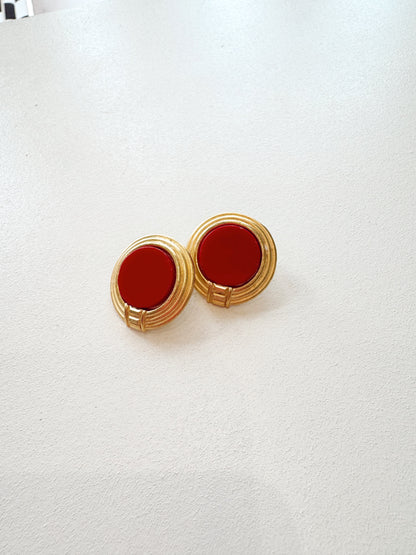 GOLD ROUND W/ RED CORAL EARRINGS