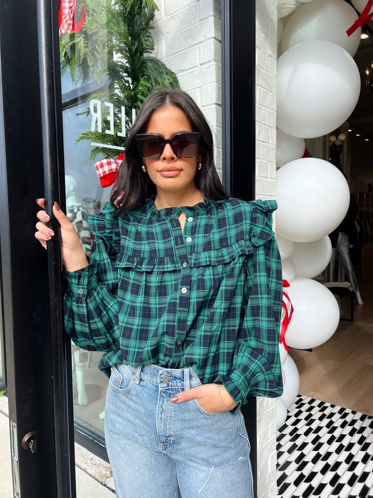 RUFFLE PLAID BLOUSE