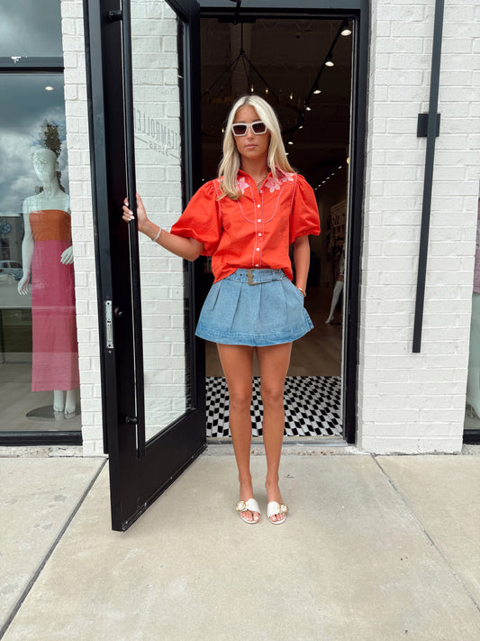FLORAL BUTTON UP PUFF SLEEVE TOP