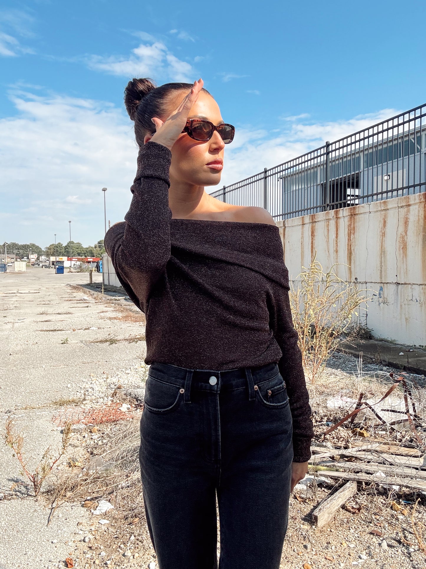 OFF SHOULDER GLITTER SWEATER