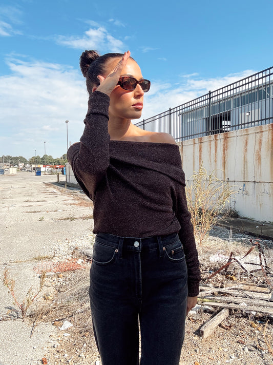 OFF SHOULDER GLITTER SWEATER