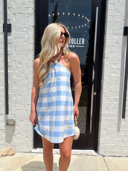 FLORA GINGHAM HALTER ROMPER MINI DRESS