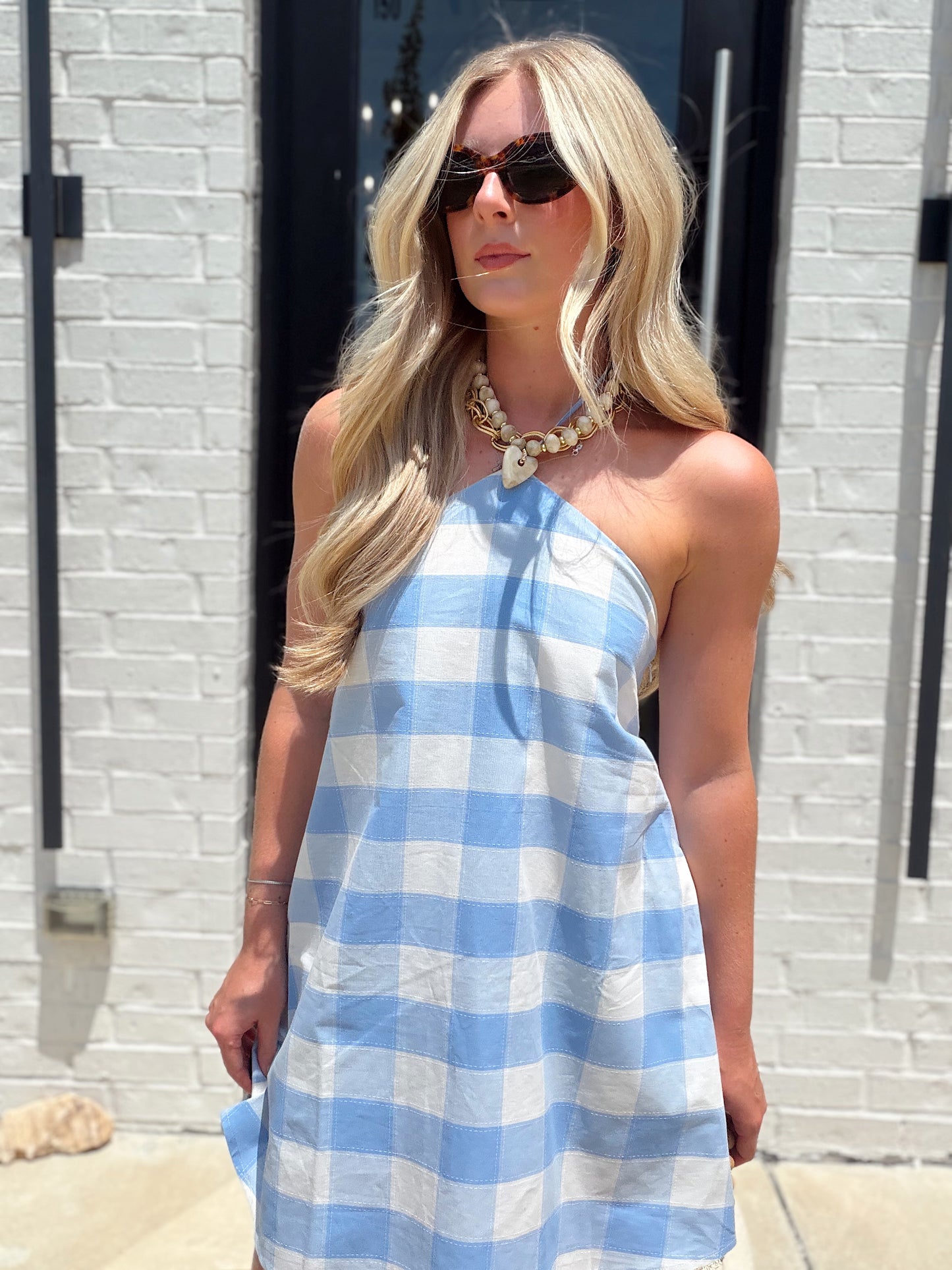 FLORA GINGHAM HALTER ROMPER MINI DRESS