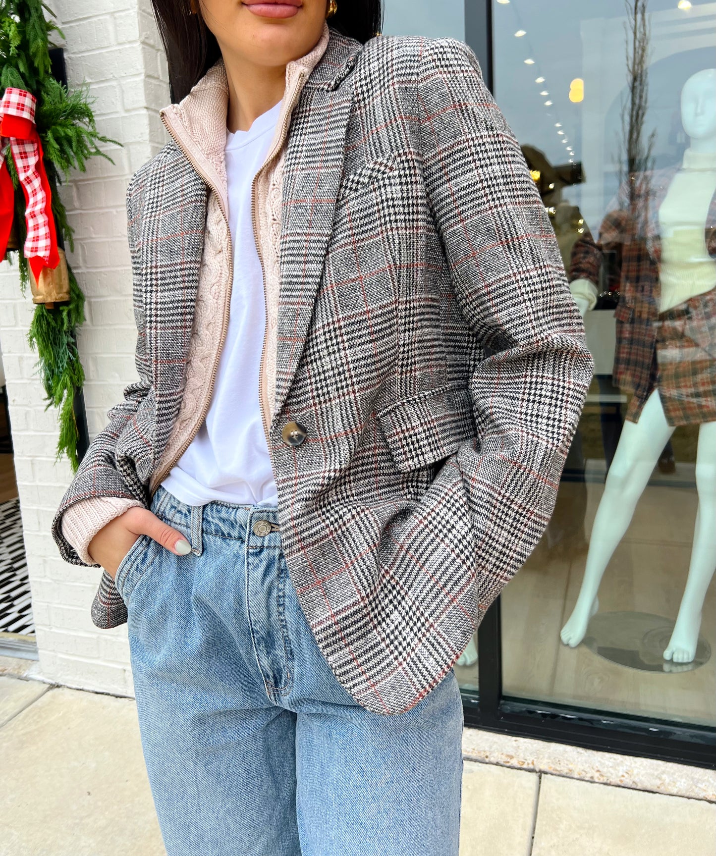 KNIT INSERT PLAID BLAZER