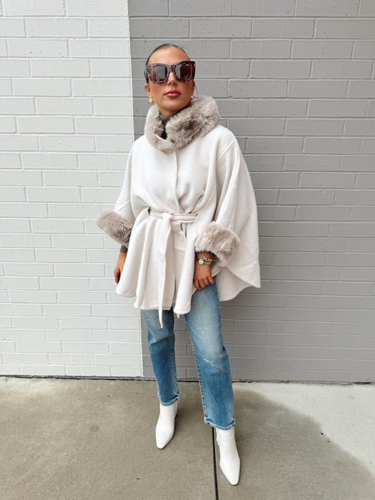 FAUX FUR TRIMMED PONCHO