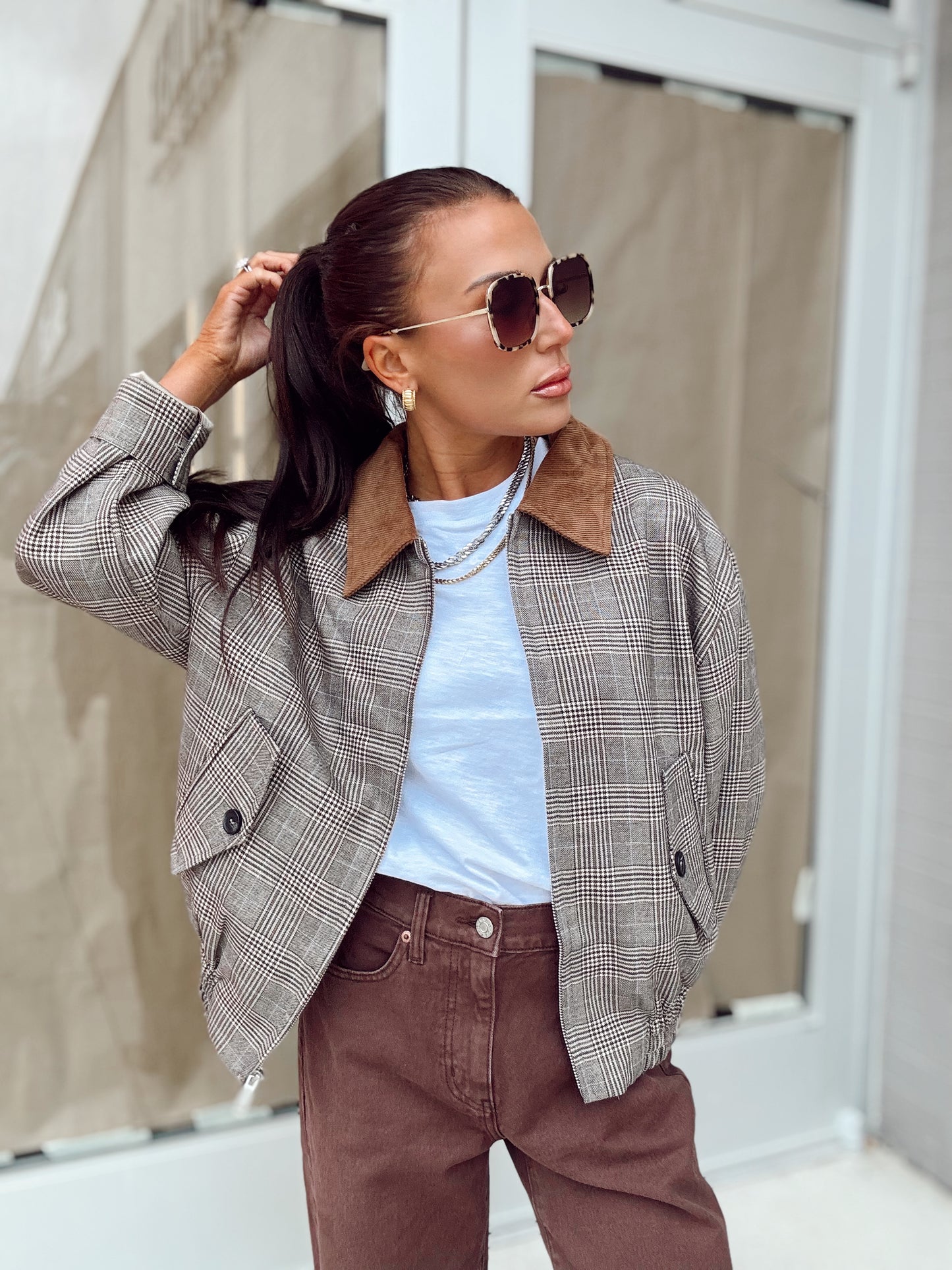 PLAID BOMBER COLLARED JACKET