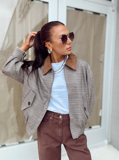 PLAID BOMBER COLLARED JACKET