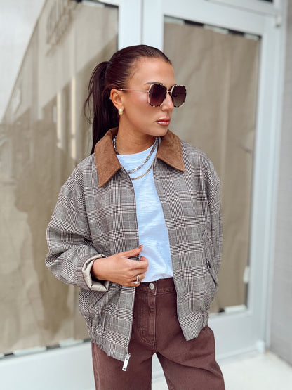 PLAID BOMBER COLLARED JACKET