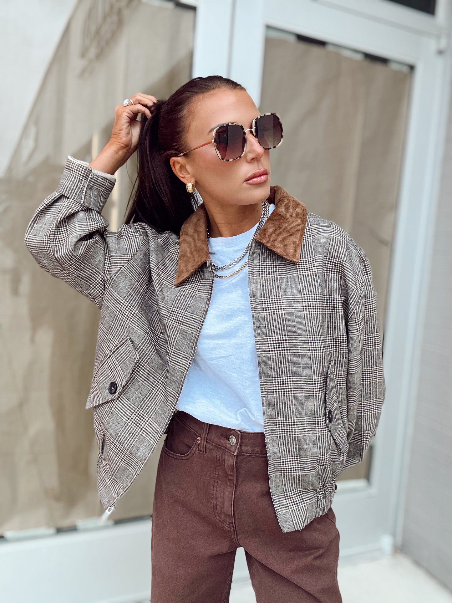 PLAID BOMBER COLLARED JACKET