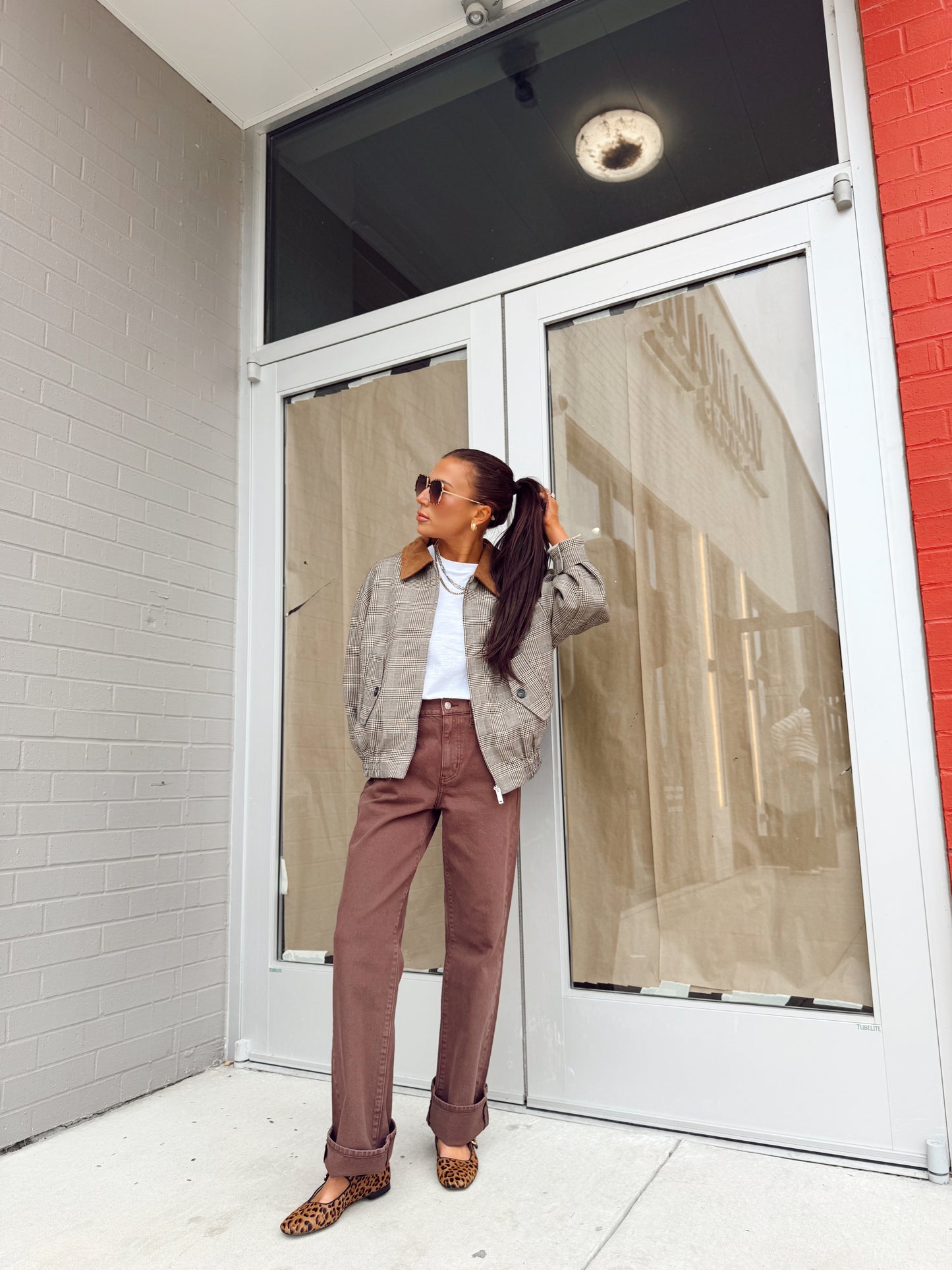 PLAID BOMBER COLLARED JACKET