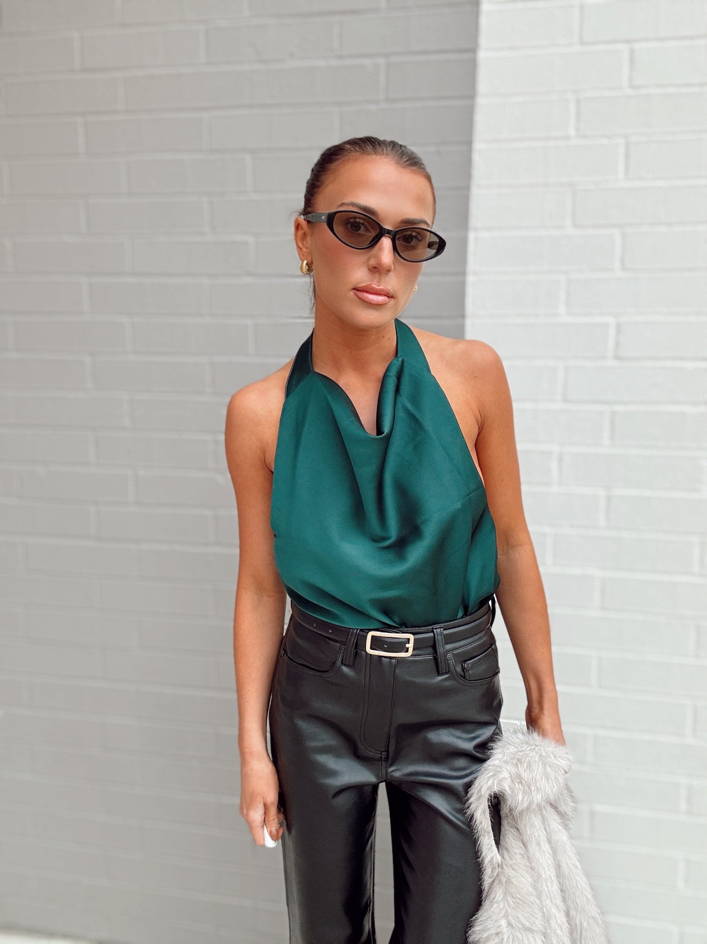 HIGH COWL NECK SATIN TOP