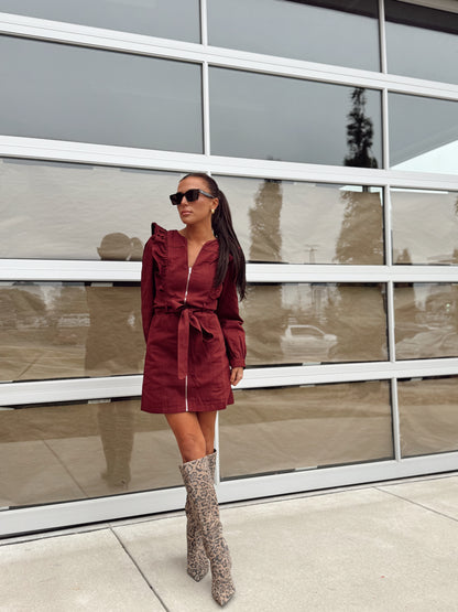 BURGUNDY RUFFLE ZIP DRESS