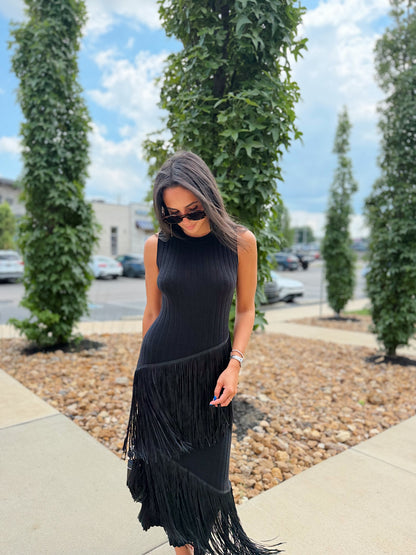 ASYMMETRIC FRINGE MAXI DRESS