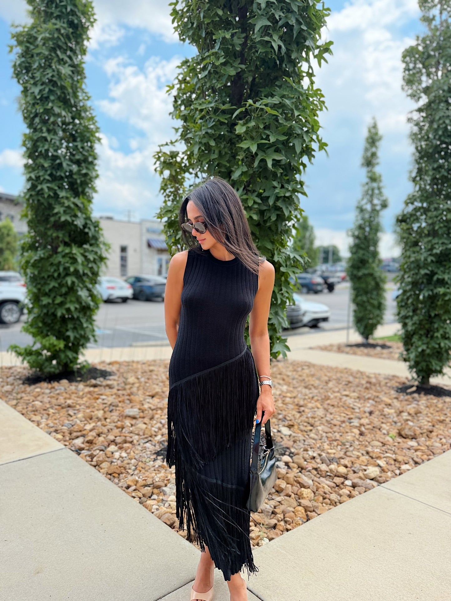 ASYMMETRIC FRINGE MAXI DRESS