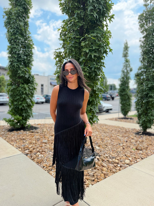 ASYMMETRIC FRINGE MAXI DRESS