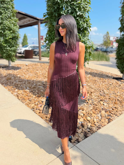 ASYMMETRIC FRINGE MAXI DRESS