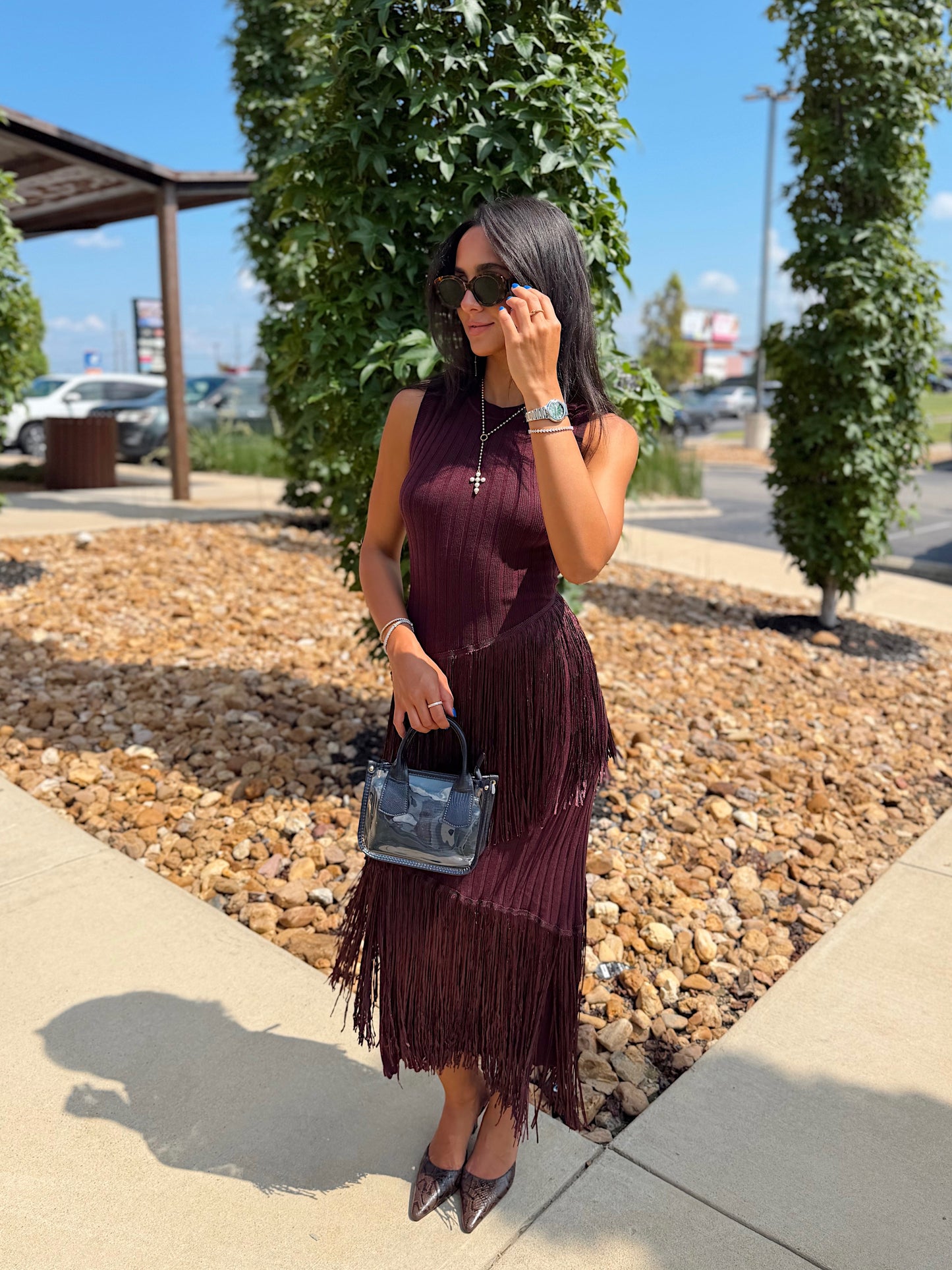 ASYMMETRIC FRINGE MAXI DRESS