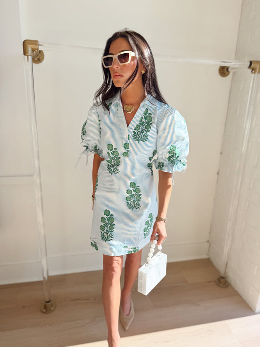 RUCHED BACK PUFF SLEEVE FLORAL DRESS