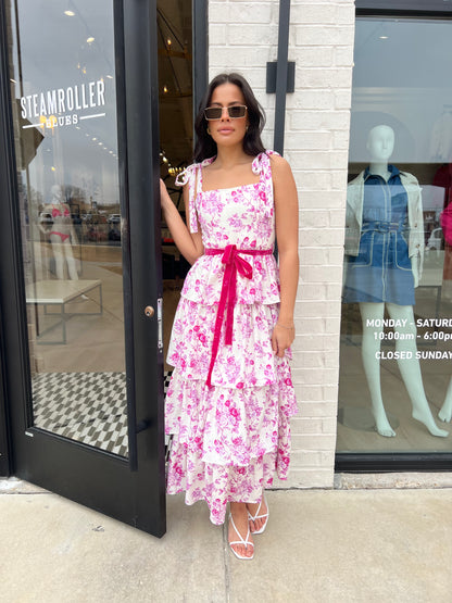 FLORAL PRINT TIERED MIDI DRESS