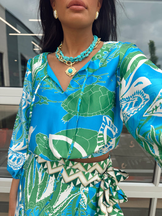 FEDELE TURTLE PRINTED PUFF SLEEVE BLOUSE