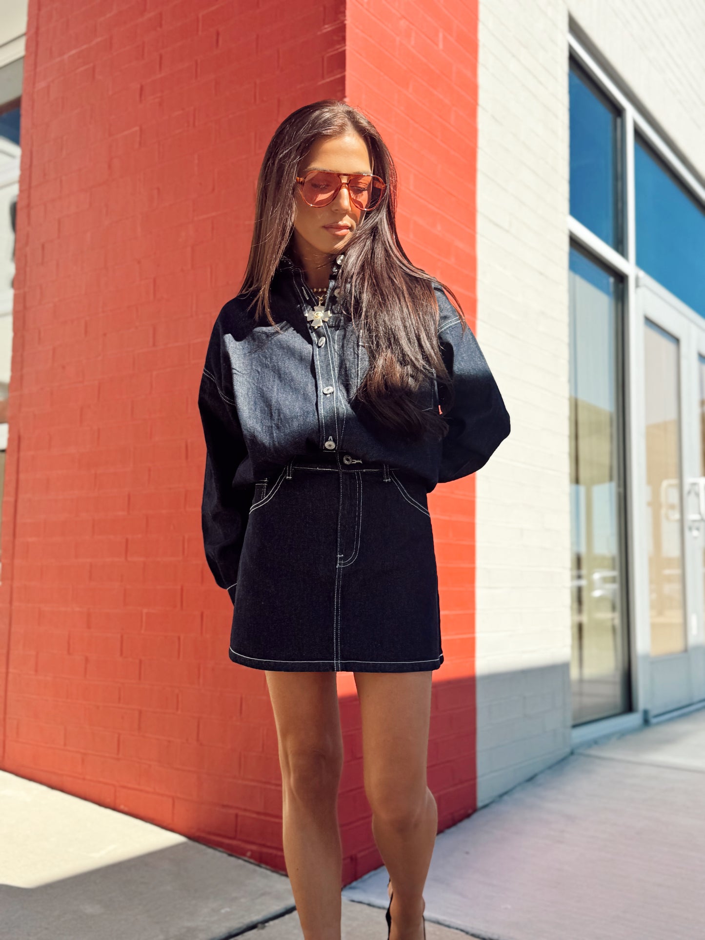 DENIM SHIRT MINI SKIRT SET